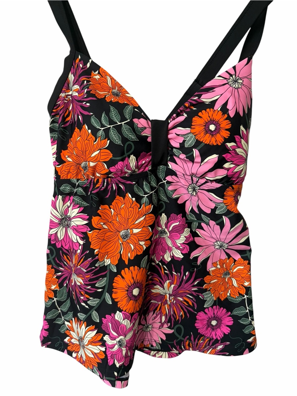 South Point Floral 2 PC  V-Neck Tankini Top - Black with Pink & Orange Flowers